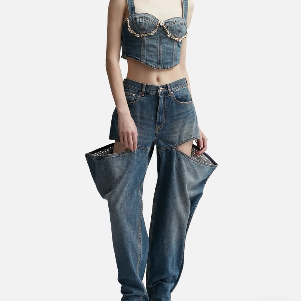 AREA Crystal Embellished Slit Jeans